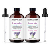 Majestic Pure aceite esencial de lavanda en frasco ambar para aromaterapia relajante.