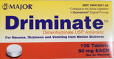 Major Driminate Dimenhidratina 50 mg, bote de 100 cápsulas, uso para mareo por movimiento.
