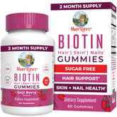 MaryRuth's Biotina Gominolas: vista frontal de la botella, favorece cabello y uñas saludables.