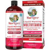 MARYRUTH'S líquido matutino multivitamínico frambuesa, botella lista para empezar el día.