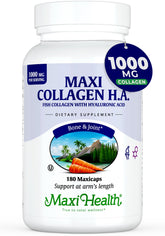 Maxi Health colágeno marino 1000 mg en botella, soporte para articulaciones y piel.
