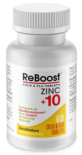 MediNatura ReBoost caja frontal de tabletas para alivio de síntomas.
