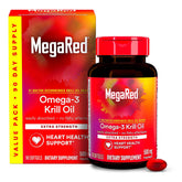 MegaRed Aceite de Krill Antártico, botella con cápsulas suaves para apoyar la salud cardíaca.