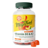 MegaFood D3 K2 gomitas, botella de durazno, fácil consumo diario.