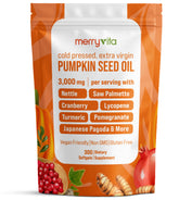 Merry Vita: botella de aceite de semilla de calabaza, uso diario para bienestar general.