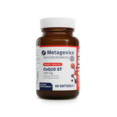 Metagenics CoQ10 ST-100 en botella softgels, posible apoyo cardiaco y energía.
