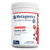 Metagenics Creatine UP: envase frente, apoyo a crecimiento muscular y energía.