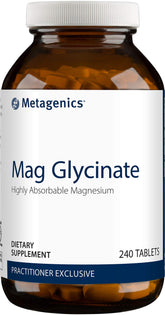 Metagenics glicinato de magnesio, botella volcada, apoyo a la relajación.