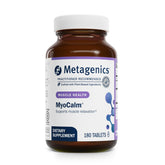 Metagenics MyoCalm: tabletas en frasco frontal, posible apoyo a la relajación muscular.