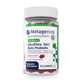 Metagenics UltraFlora 3 en 1 gomitas frente al envase, uso diario cómodo