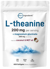 Micro Ingredients L-Teanina 200 mg con magnesio glicinato, cápsulas suaves de coco para relajación suave.
