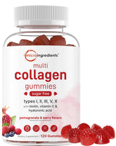 Gomitas Micro Ingredients Multi Colágeno con sabor granada y frambuesa para piel y cabello.
