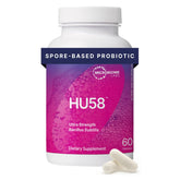 Microbiome Labs HU58 bottle front highlighting 10B CFU spore probiotic for digestion.
