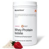 Momentous Proteína Whey aislado fresa en envase, ideal para batidos rápidos y recuperación.