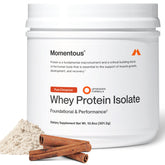 Momentous proteína whey alimentada con pasto en envase, ideal para iniciar batidos.