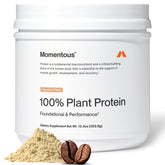 Momentous Vegan Protein Cappuccino en lata, soporte diario para energía sostenida.