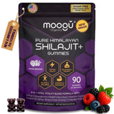 Moogu Organics gomitas Shilajit, bote: apoyo diario a la vitalidad sostenida.