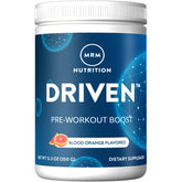 MRM Driven Pre-Entrenamiento, botella frontal, sabor naranja para energía sostenida durante entrenos