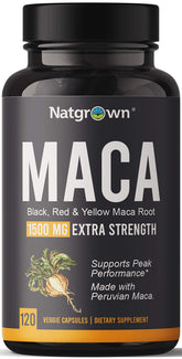 Natgrown Maca: frente de la botella, cápsulas de 1500 mg para energía sostenida.