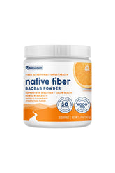 NativePath Baobab Prebiótico polvo frente del pote, sabor cítrico suave para empezar el día