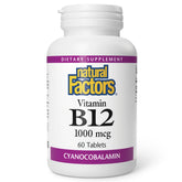 Natural Factors B12 1000 mcg tabletas en frasco, apoyo a la energía diaria.