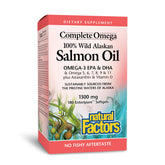 Natural Factors Complete Omega, botella vertiendo aceite de salmón para apoyar el corazón.