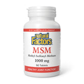 Natural Factors MSM 1000 mg: botella con etiqueta frontal, soporte para articulaciones en uso diario.