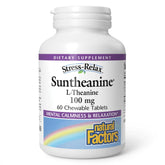 Suntheanine de Natural Factors: envase y tabletas masticables para calma diaria.