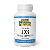Natural Factors Vitamina D3 1000iu, botella, apoyo a huesos y sistema inmunitario