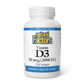 Natural Factors Vitamina D3 2000 IU, cápsulas blandas en frasco para huesos fuertes.