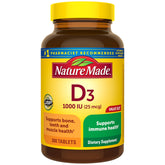 Nature Made Vitamina D3 1000 UI en frasco, apoyo para huesos y sistema inmune.