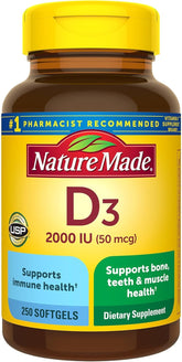 Nature Made Vitamina D3 2000 UI, frasco con capsulas blandas para uso diario.
