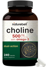 NatureBell Colina 500 mg con Omega-3, botella de cápsulas lista para uso diario.