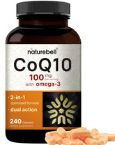 NatureBell CoQ10 Omega-3 cápsulas de 240, apoyo antioxidante para energía diaria.