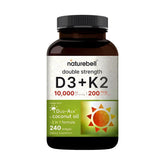 NatureBell D3 + K2 softgel en botella con aceite de coco para mejor absorción.