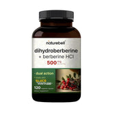 NatureBell Dihidroberberberina, botella vertiendo cápsulas para uso diario.