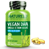 Naturelo DHA vegano en frasco, cápsulas blandas para uso diario.