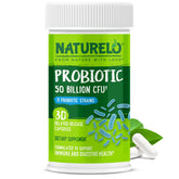 Naturelo Probióticos: botella de cápsulas para salud digestiva diaria.