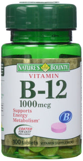 Nature's Bounty B12 1000 mcg, frente del envase, posible apoyo a la salud cardíaca.
