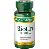 Nature's Bounty Biotina 10000 mcg, frasco frente, posible apoyo para cabello y uñas saludables.