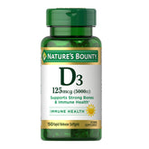 Nature's Bounty D3 5000, botella con cápsulas suaves y apoyo inmune.