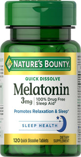 Nature's Bounty Melatonina, vista frontal de la botella, apoyo para un descanso más sereno