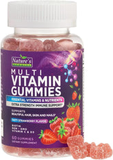 Nature's Gummies gomitas multivitamínicas, botella abierta para uso diario.