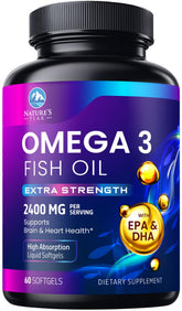 Nature's Peak Omega3 2400mg, botella; soporte diario para corazón y cerebro.