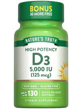 Nature's Truth Vitamina D3 5000 UI, cápsulas suaves para uso diario.