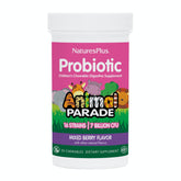 NaturesPlus Animal Parade Probiotico para niños, botella visible, apoyo a la salud digestiva diaria.