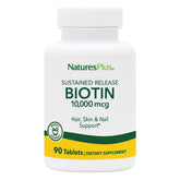 NaturesPlus Biotina 10,000 mcg, tabletas de liberación sostenida para cabello y uñas.