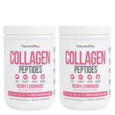 NaturesPlus Colágeno Peptidos Frambuesa Limonada, bote vertiendo para bebidas nutritivas.