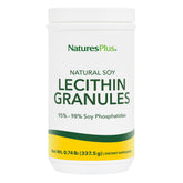 NaturesPlus lecitina granulos vertido desde el bote para inicio diario.