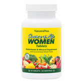 NaturesPlus Source of Life Women, botella frontal, muestra la fórmula multivitamínica para energía diaria.